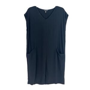 Eileen Fisher Tencel V-Neck Shift dress Black M Cap Sleeves Pockets Lagenlook